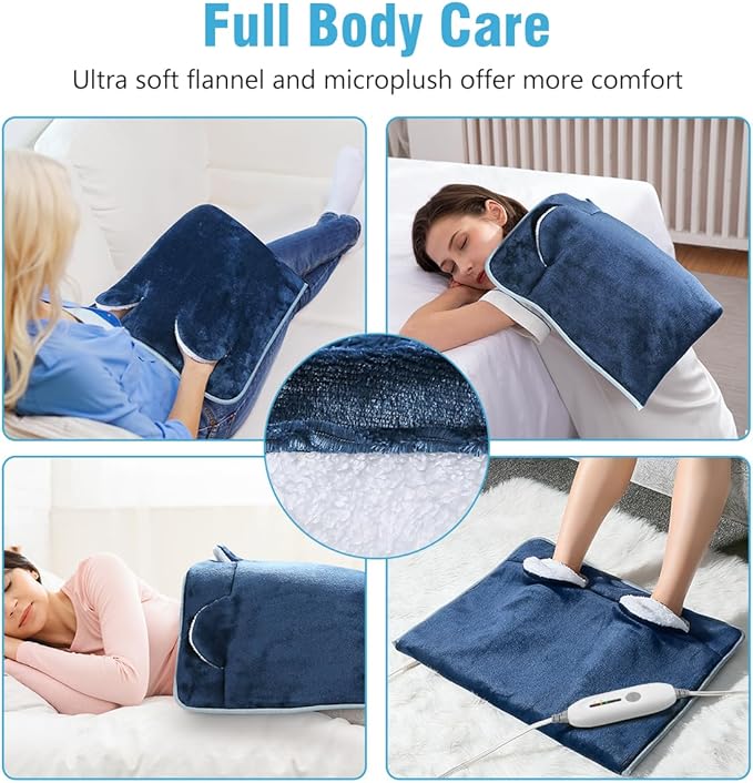 Electric Heated Foot Warmer Soft Flannel Foot Heater with 2h Auto Off & 3 Heat Levels Full Body Use Heating Pad for Feet Pain Relief, Pocket Design 16" x 22", Navy Blue