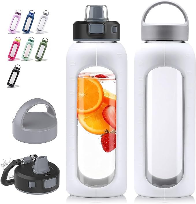 Kodrine Glass Water Bottle 32 oz-White/Borosilicate Glass Motivational Water Bottle with Straw and 2 Lids,Silicone Sleeve,Time Marker,Dishwasher Safe and BPA Free for Travel,Sports