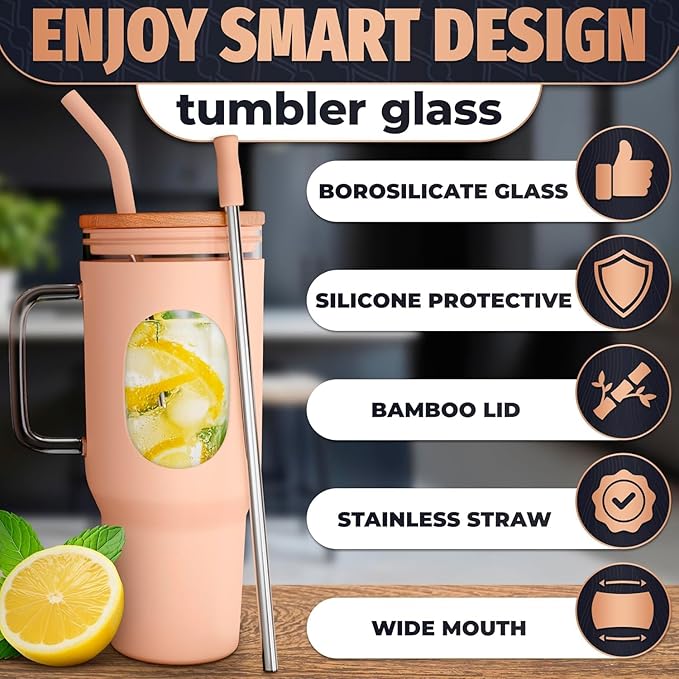 46 Oz Glass Tumbler with Lid – Large Peach Tumbler with Straw and Lid | Ergonomic Glass Water Bottle with Handle, 2 Straws, Silicone Sleeve, Dishwasher Safe, Easy Visibility | Valentine's Day Gift