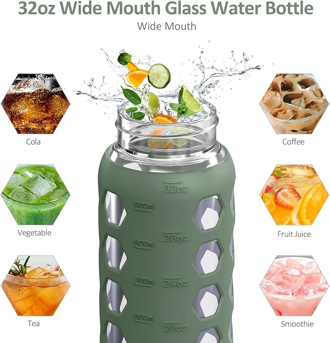 MUKOKO 32oz Glass Water Bottles with 2 Lids-Handle Spout Lid&Bamboo Straw Lid, Motivational Water Tumbler with Time Marker Reminder and Silicone Sleeve, Leakproof-Olive-1 Pack