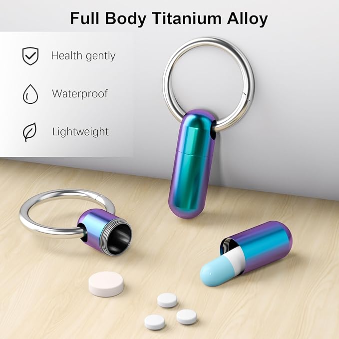 Small Pill Case Keychain Portable Pill Container Waterproof Titanium Pocket Pill Organizer, Tiny Pill Holder Bottle for Travel