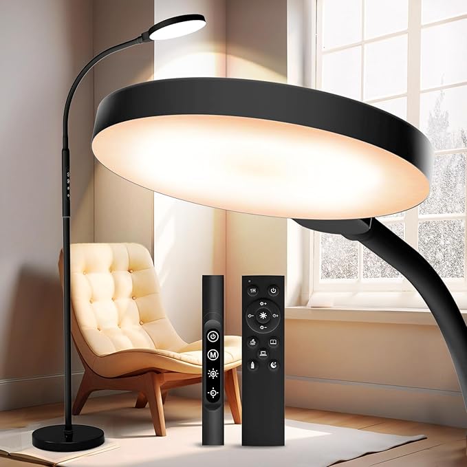 Light Therapy Lamp, 3 in 1 Therapy Floor Lighting, 11000 Lux Full Spectrum Therapy Lamps, UV-Free LED Sunlight, 10 Brightness/5Color/Gooseneck/Height Adjustable with Timer Control, Black