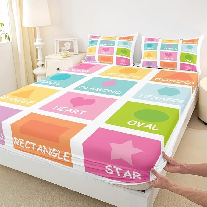 Feelyou Kids Shapes Fitted Sheet Queen Size, Educational Bed Sheet Set Boys Girls Preschool Bedding Set Learning Teens Bedroom Decor Lightweight Bed Set (No Flat Sheet)