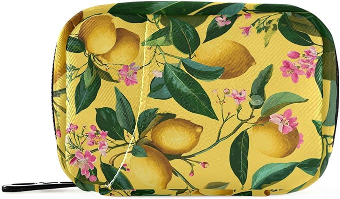 Lemons and Floral Pink Travel Pill Organizer Case Box Container Weekly Portable Vitamin Medicine Holder Storage Bag with Zipper Removable