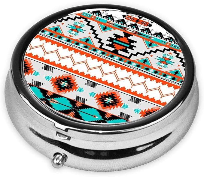 Travel Pill Organizer Large Portable Indiana Western Southwest Tribal Ethnic Aztec Geometric, 3 Compartment Round Pill Box with Mirror, Travel Case Pill Holder for Vitamin Medicine