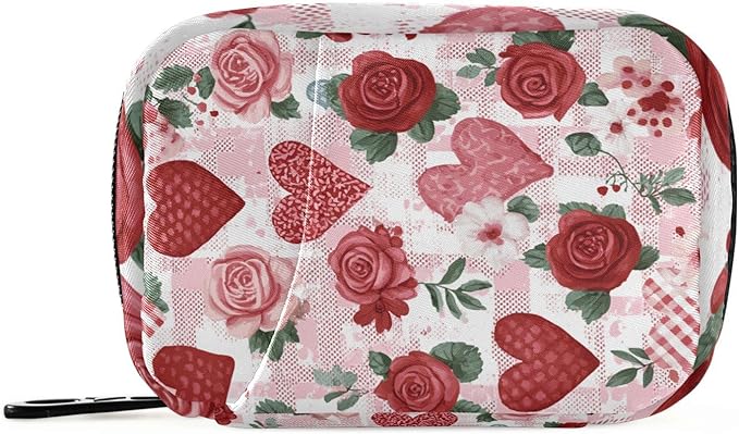 Rose Stripes Heart Pink Travel Pill Organizer Case Box Container Weekly Portable Vitamin Medicine Holder Storage Bag with Zipper Removable
