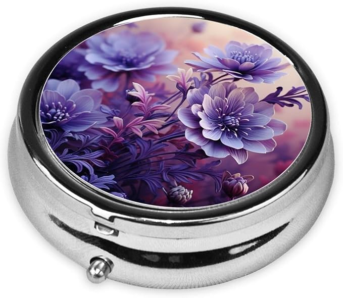 Purple Flower Pattern Print Pill Box 3 Compartment Small Pill Case Portable Pill Box for Pocket Or Purse Cute Medicine Organizer Holder to Hold Vitamins Medication