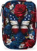 Flowers Butterflies American Flag Pill Case Everyday Travel, 7 Day Weekly Medicine Pill Box Compact Portable Pills Bottle Organizer with Zipper for Daily Vitamin Medicine Holder Bottle Organizers Bag