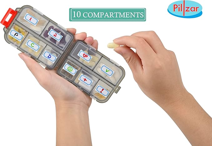2 Pack Travel Portable Pill Organizer Pocket Size, with 10 Compartments, 10 Sticky Notes, Small Fold Pill Boxes of Two Colors. Perfect for Travel or Home Use.