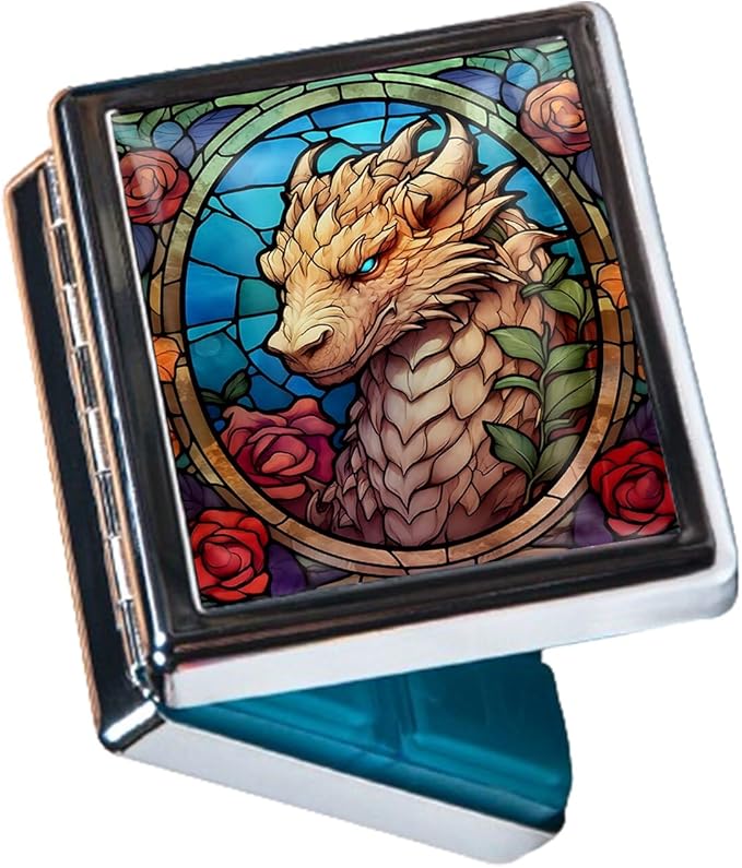 Cute Travel Pill Box Organizer with 8 Compartments - Compact and Fashionable Pill Case with Mirror - Ideal for Medications (Dragon Stained Glass)