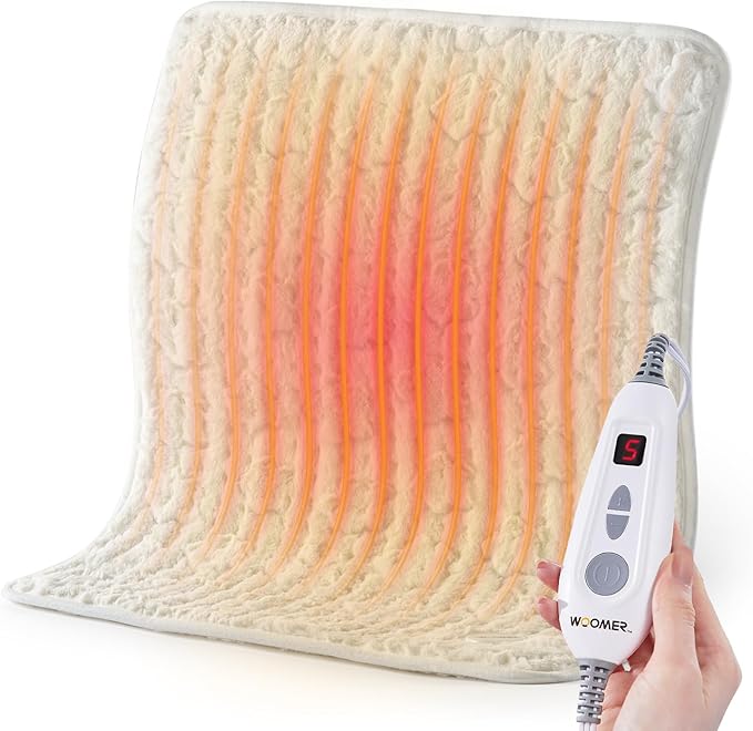 Woomer Faux Fur Electric Heating Pad for Back Pain Relief, Extra Large 20” x 24”, Extended Coverage from Neck to Hip, Two-Sided, Moist Mode, ETL Certified, 6 Adjustable Heats & 2H Auto-Off,White