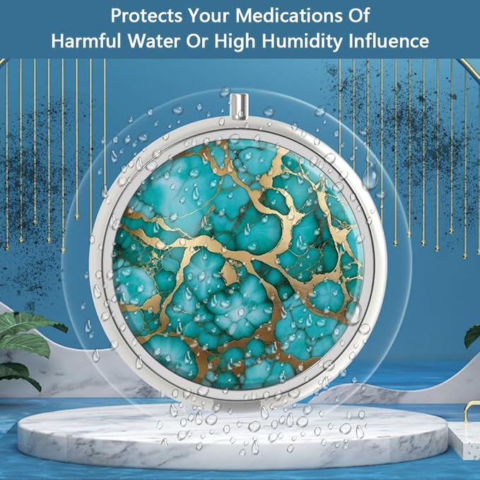 Pill Box 3 Compartment Medicine Pill Case,Portable for Pocket or Purse Pill Box Decorative Metal Medicine Vitamin Organizer Unique Gift(Emerald Green Marble)