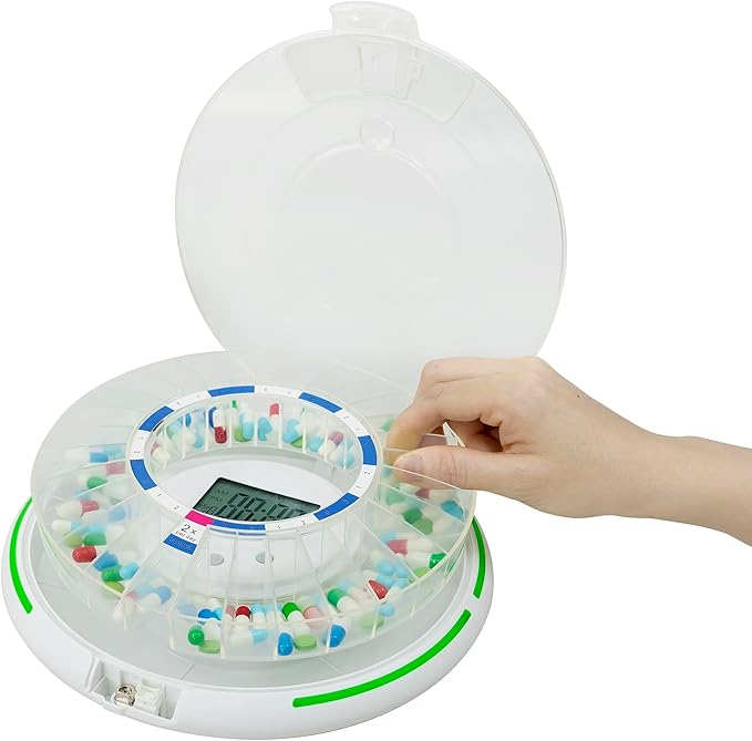 Automatic Pill Dispenser，Lock 28-Day Medication Organizer, Up to 6 Doses Per Day, 6 Dosage Templates, Sound & Light Alerts & Key for Vitamins, Supplements (Frosted Lid)