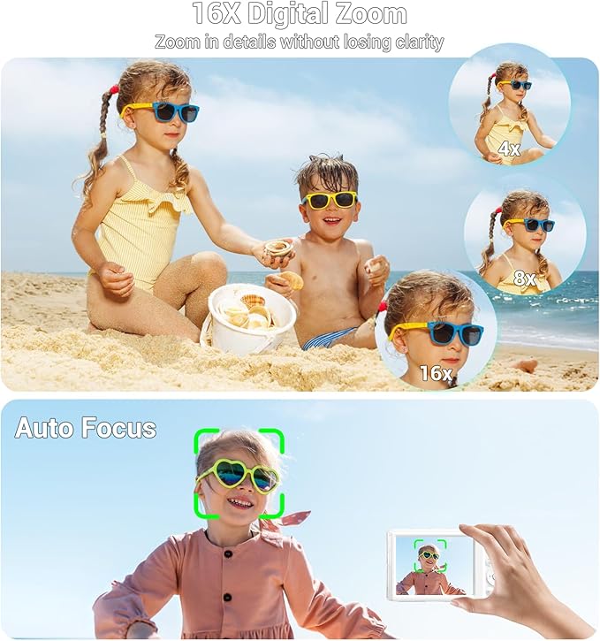 Digital Camera 4K, Autofocus Digital Compact Digital Camera,16X Digital Zoom Upgraded Travel Camera with 64GB SD Card,2 Batteries,Small Camera for Teens Kids Boys Girls,White
