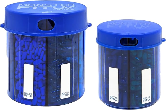 Monster Supplement Medication Pill Dispenser with Compartment Labels - Extra Large Pill Container Bottle Handles Almost Any Supplement - Easy to Dispense (Monster Blue & Monster Jr. Blue)