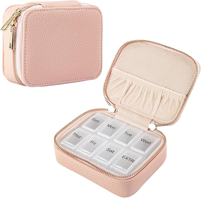 Weekly Pill Organizer Pink Portable Leather Travel Pill Organizer 7 Day with Detachable 8 Compartments, Cute Travel Pill Case for Vitamins & Medication, Weekly Medicine Container with Secure Zipper
