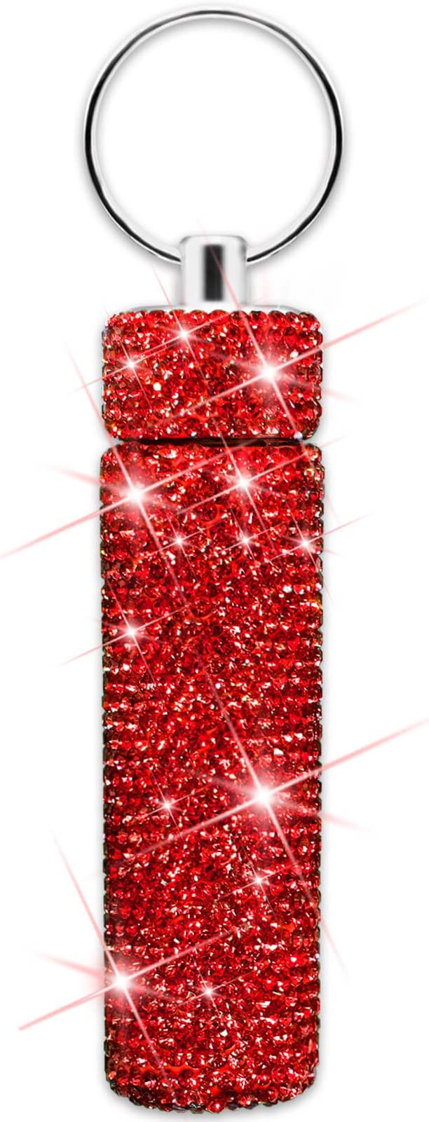 Yuchew Bling Pill Case Pill Container Rhinestone Pill Box Portable Waterproof Pocket Pill Holder Bottle Storage with Keychain for Travel, Outdoor, Camping (Red)