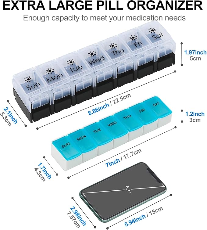 XL Large AM/PM Weekly Pill Organizer Arthritis Friendly, 2 Times a Day Pill Box with Spring Open Design, 7 Day Vitamin Case with Push Button Compartments (Black & Clear)