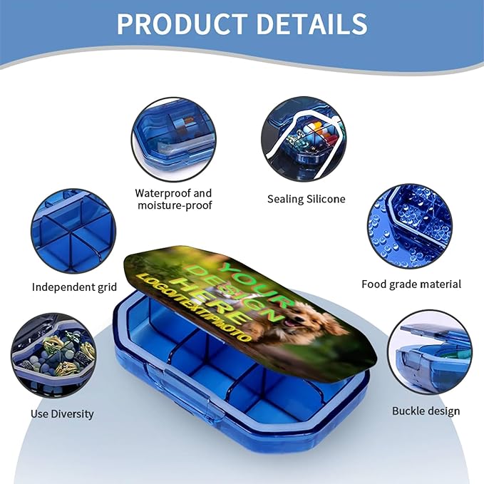 Customizable Portable 6-Compartment Pillbox, Printed with Your Photo, Text, and Logo. It can be Placed in Your Pocket or Wallet to Store Vitamins, Medicines/Health Supplements/Other medications.