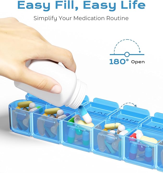 Daviky Weekly Pill Organizer, Large 7 Day Pill Box, Travel Pill Case, Daily Pill Dispenser for Vitamins, Medicines, Supplements, and Fish Oil(Blue)