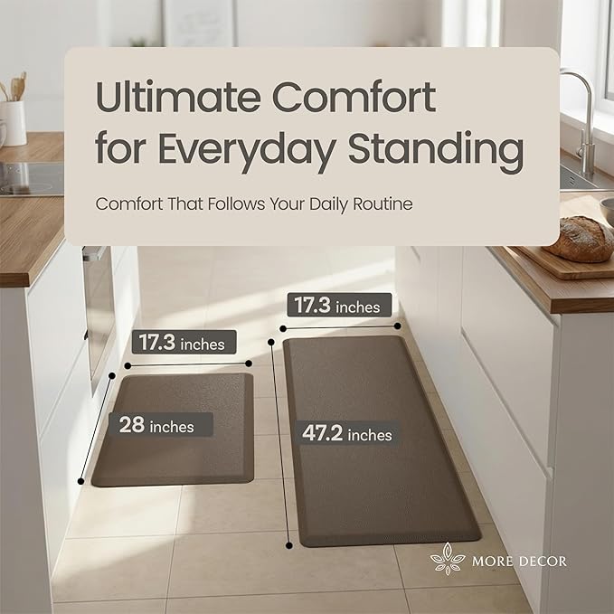 Anti Fatigue Kitchen Mats for Floor | Padded Kitchen Rugs | Non Slip, Cushioned Standing Desk Mat | Waterproof Floor Mat | 17.3" x 28" x 0.47" & 17.3" x 47.2" x 0.47", Brown, 2-Pack | More Décor