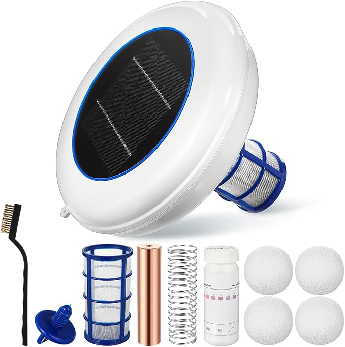 Qualirey 1 Set Solar Pool Ionizer Floating Water Cleaner and Purifier, Kill Algae in Pool, 85% Less Cl, with 4 Pcs Eliminating Ball for Fresh and Salt Water Pools Spas, Reusable (White)