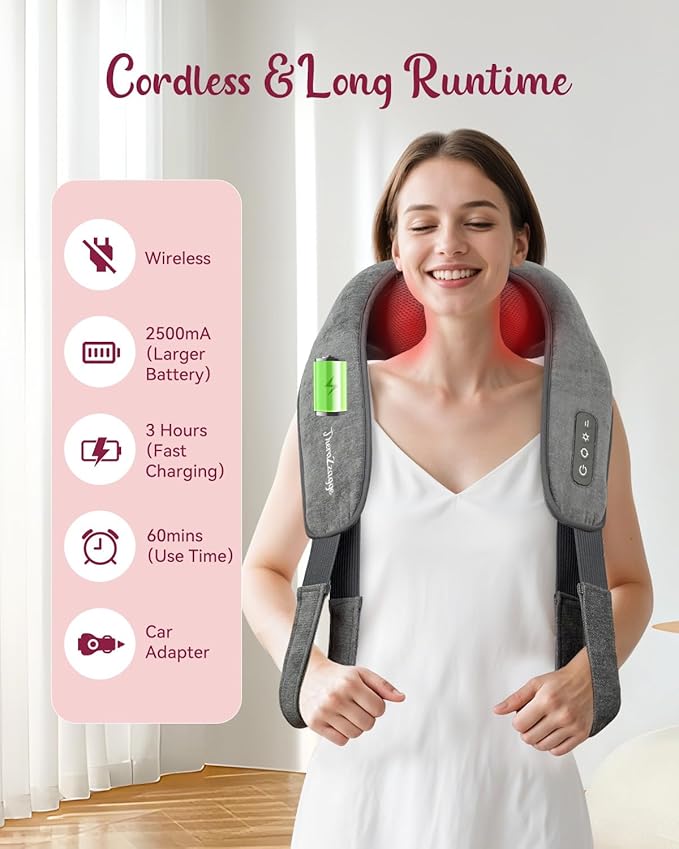 Cordless Neck Massager for Pain Relief Deep Tissue, Kneading Shiatsu Neck and Shoulder Massager with Heat,Cordless Massager for Back and Shoulder Pain, Gifts for Women Men Home Office Christmas