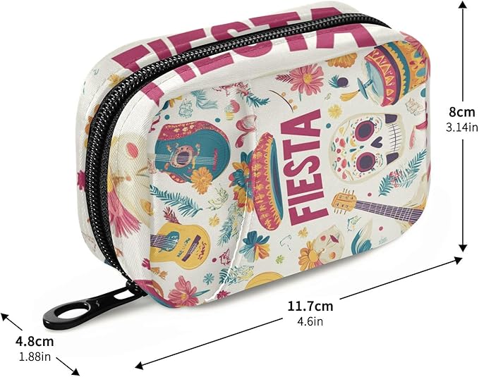 White Fiesta Guitars Skulls Hats Travel Pill Organizer Case Box Container Weekly Portable Vitamin Medicine Holder Storage Bag with Zipper Removable