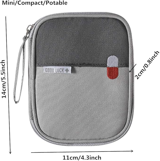 First Aid Kit Bag Empty Travel Medication Pouch Mini Zippered Oxford Medical Survival Kit Carrier Handy Medicine Pills Drugs Package Organizer with 3 Pocket+1 Main Holder-5.5x4.3x0.8Inch (Gray-S)