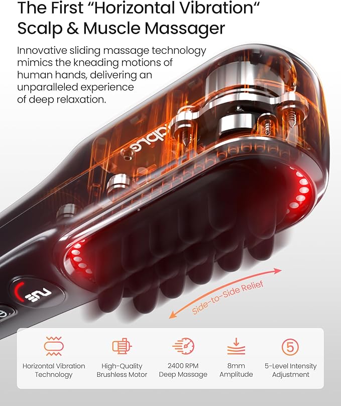 NAPRE Electric Scalp Massager,Head & Hair Massager Scalp Stress Relax,Cordless Handheld Muscle Massager with Horizontal Vibration for Face,Neck,Shoulder & Body,with Charging Dock
