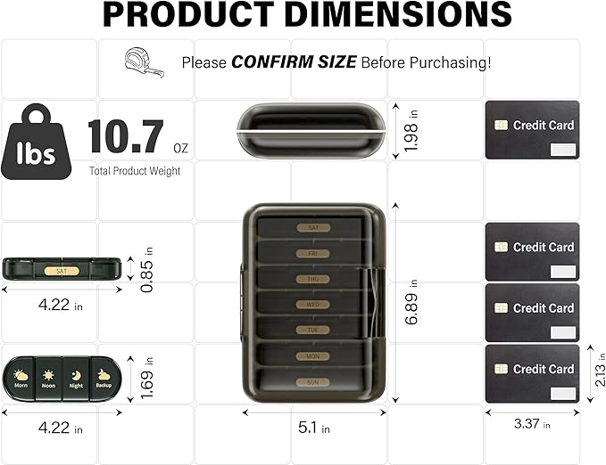 Weekly Pill Organizer 4 Times a Day, 7 Day Pill Box 4X, Portable for Travel Pill Case for Pills/Vitamin/Fish Oil/Medication/Supplements (4x7 Black)