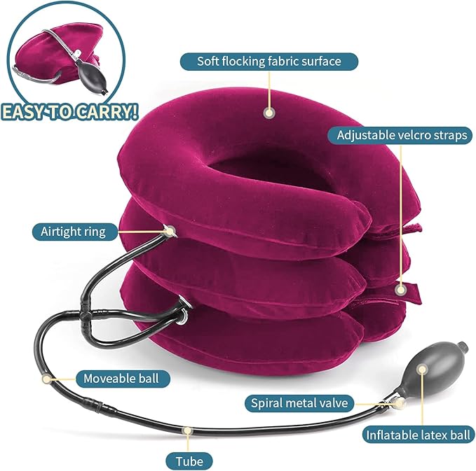 Neck Stretcher, Neck Traction Device, Cervical Traction Device for Neck Pain Relief, Neck Brace Adjustable Inflatable Neck Stretcher, Neck Decompression Devices Home Use (Red)