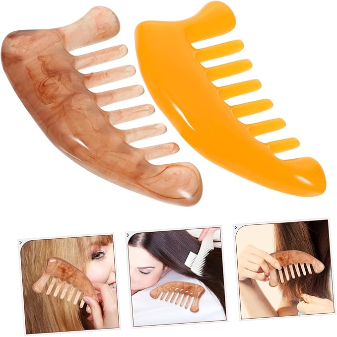 Healifty Resin Massage Comb 2Pcs - Guasha Scalp Comb, Handheld Gua Sha Scraping Massage Tool for Head Caring, Relax (Yellow + Coffee)
