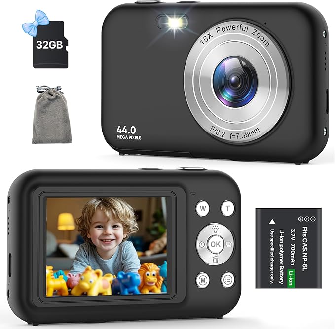 Digital Camera, Kids Camera with 32GB Card, FHD 1080P 44MP Vlogging Camera, 16X Zoom Point and Shoot Digital Camera Compact Portable Rechargeable Cameras for Teens Boys Girls Students Seniors-Black
