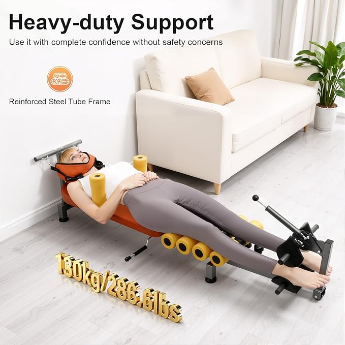 Multifunctional Full Body Traction Bed, Cervical Spine Stretcher Traction Spine Lumbar Massage Traction Table Back Stretch Decompression Machine for Tension Relief & Body Aches Pains, Massage (Orange)