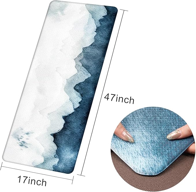 QIYI Floor Comfort Mat 1 Piece Kitchen Rug Leather Waterproof Oil Proof Runner Non Skid Laundry Long Standing Mat Anti Fatigue Foam Cushioned Doormat 17" W x 47" L - Blue and White Watercolor Mountain