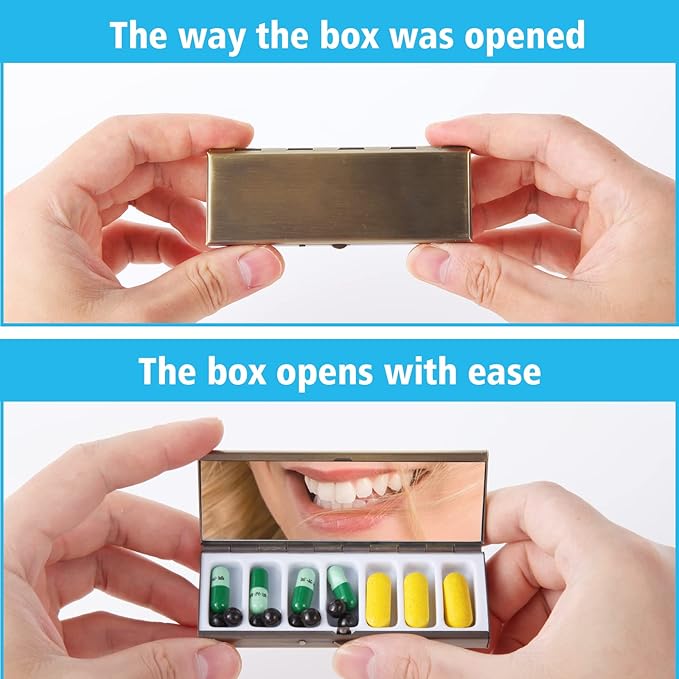 7 Day Pretty Mini Metal Pill Organizer Pill Box with Spring Open Design and 7 Compartment to Hold Vitamins Cod Liver Oil Supplements and Medication(Bronze)