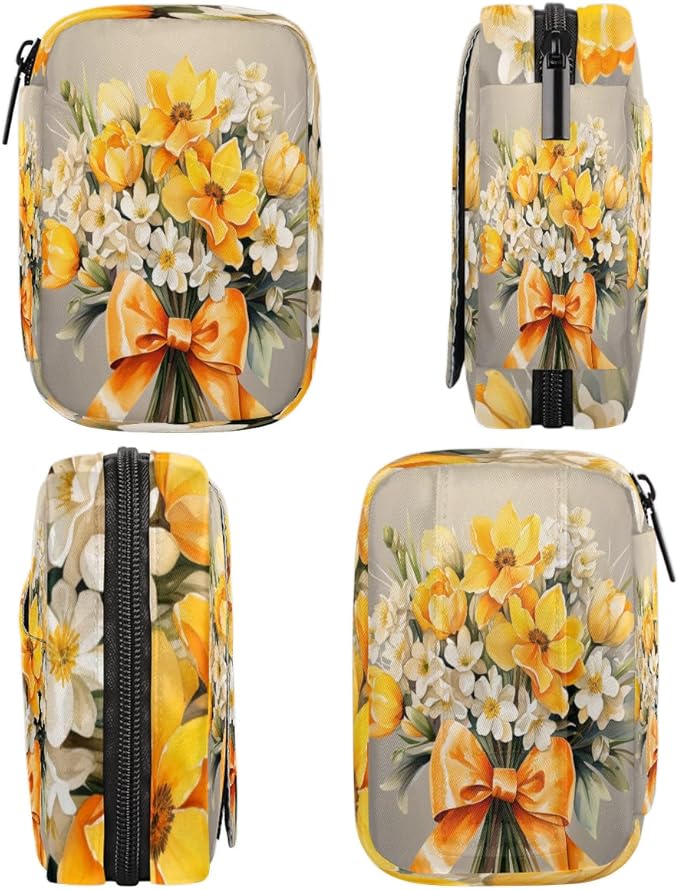 Yellow White Spring Flowers Travel Pill Organizer Box Weekly Portable Pill Case Daily Pills 7 Day Small Birth Control Pills Container Removable Compartments for Medicine Vitamins Fish Oil