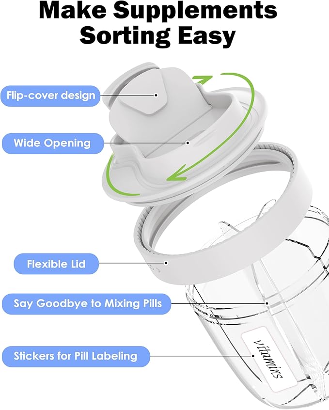 Cute Pill Organizer,Pill Dispenser with 7 Large Compartments,Portable Pill Bottle Box with Wide Opening for Easy Use, Anti-Mix Pills Organizer for Travel,Includes 20 Pcs Sticky Labels(Gray)