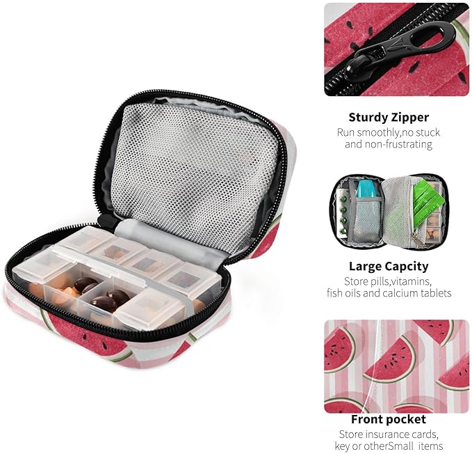 Pink and White Striped Juicy Watermelon Slices Travel Pill Organizer Case Box Container Weekly Portable Vitamin Medicine Holder Storage Bag with Zipper Removable