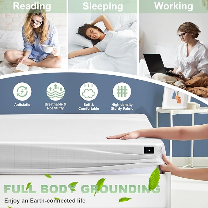 Grounding Sheets Full Size Premium Cotton for Healthy Sleep Therapy, Deep Pocket Grounding Fitted Sheets Includes Grounding Cord (Beige, Full -54"x75"x14")