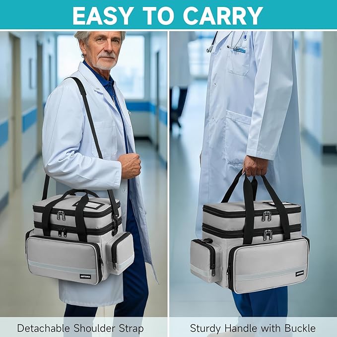 Large Pill Bottle Organizer, Double Layers Medicine Storage Bag with Lockable Zippers and Shoulder Strap,Medication Travel Bag for Prescription Bottles, Vitamins & Medical Supplies, Gray (Bag Only)