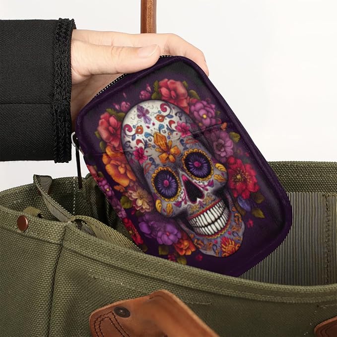 Flower Skull Mexican Gothin Pill Box Small Pill Travel Organizer 7 Day Weekly Medicine Pill Case Cute Compact Size Vitamin Container Pill Bottle Portable Pill Holder Bag with Zipper