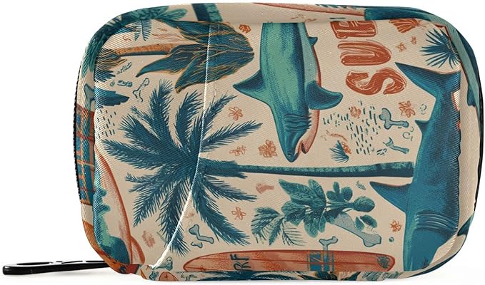 Vintage Beige Surfing Sharks Ans Palm Trees Travel Pill Organizer Case Box Container Weekly Portable Vitamin Medicine Holder Storage Bag with Zipper Removable