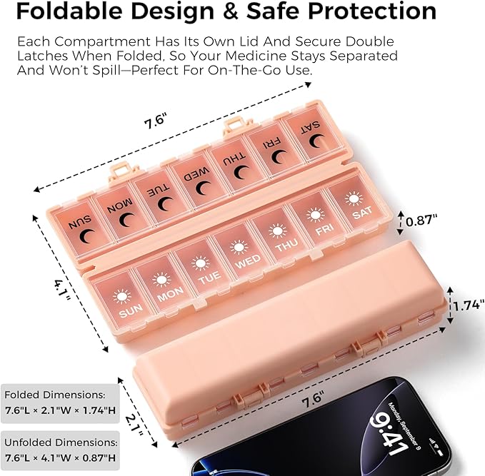 Foldable Pill Organizer Weekly 2 Times a Day, 7 Day Portable AM PM Travel Pill Case with Black&White Labels, Dual-Protection Daily Medicine Box, Large Pill Container for Vitamin/Supplement-Pink