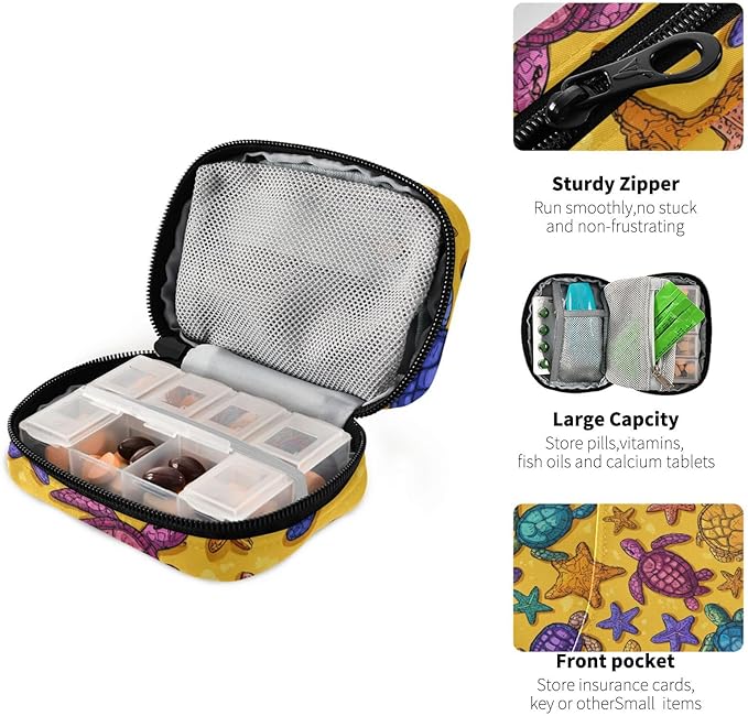 Colorful Turtles and Starfish Travel Pill Organizer Case Box Container Weekly Portable Vitamin Medicine Holder Storage Bag with Zipper Removable