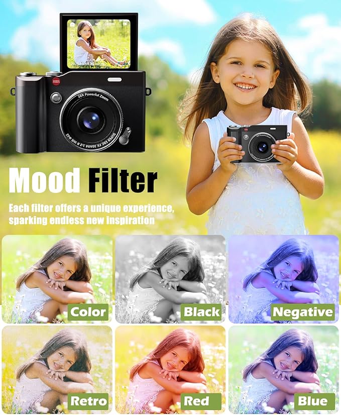 Kids Camera 64MP 1080P Digital Camera with Flip Screen 32GB SD Card Toys for Girls 3-12 Year Old Boys and Gifts
