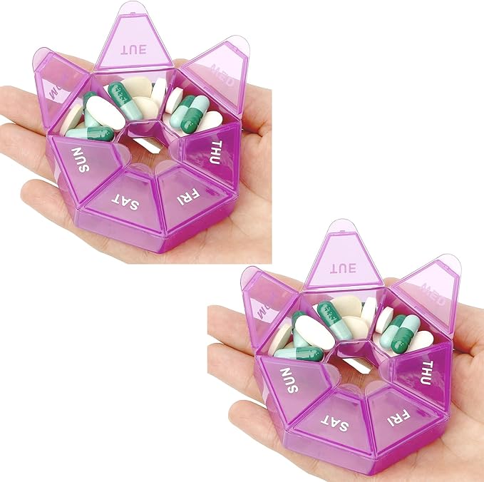 Pill Organizer, 2 Pack Pill Box, Small Medicine Organizer 1 Time a Day, Weekly Case, Pills Container, Pills Holder, Daily Medicine Organizers Travel 7 Day(Purple)