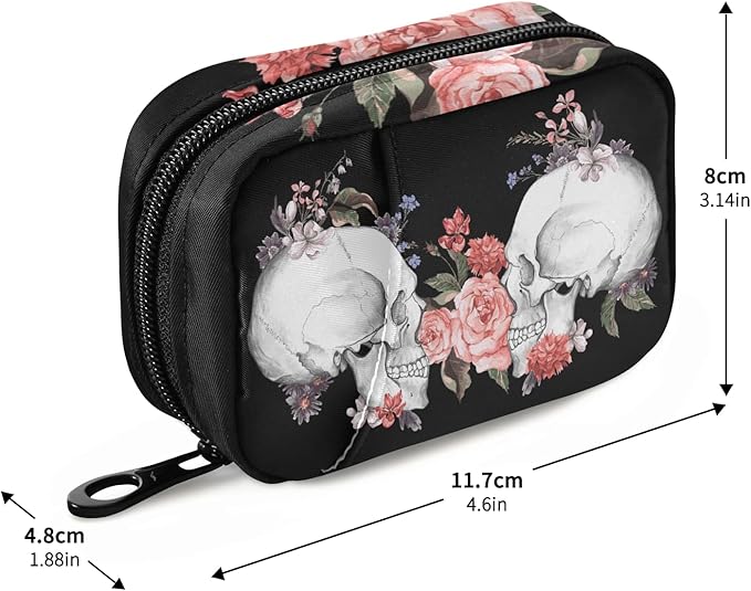 Watercolor Rose Skull Pill Box 7 Day Pill Case Travel Pill Organizer Bag with Zipper Portable Weekly Case Compact Size for Vitamin Supplement Holder