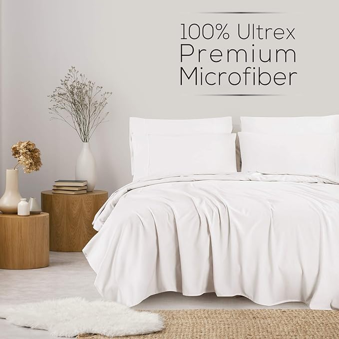 Mueller Luxury 6 PC Full Size Bed Sheets, Super Soft 1800, Deep Pocket up to 16" Full Size Sheets, Transfers Heat, Breathes Better, Hypoallergenic, Wrinkle-Resistant, Oeko-TEX, White